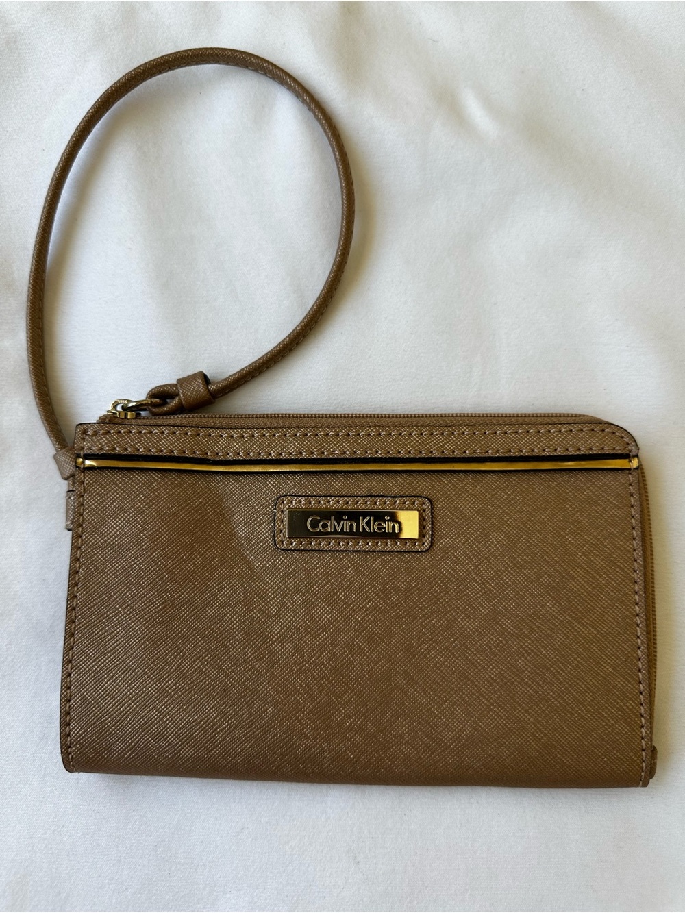 Calvin Klein Bronze Gold Saffiano Wristlet